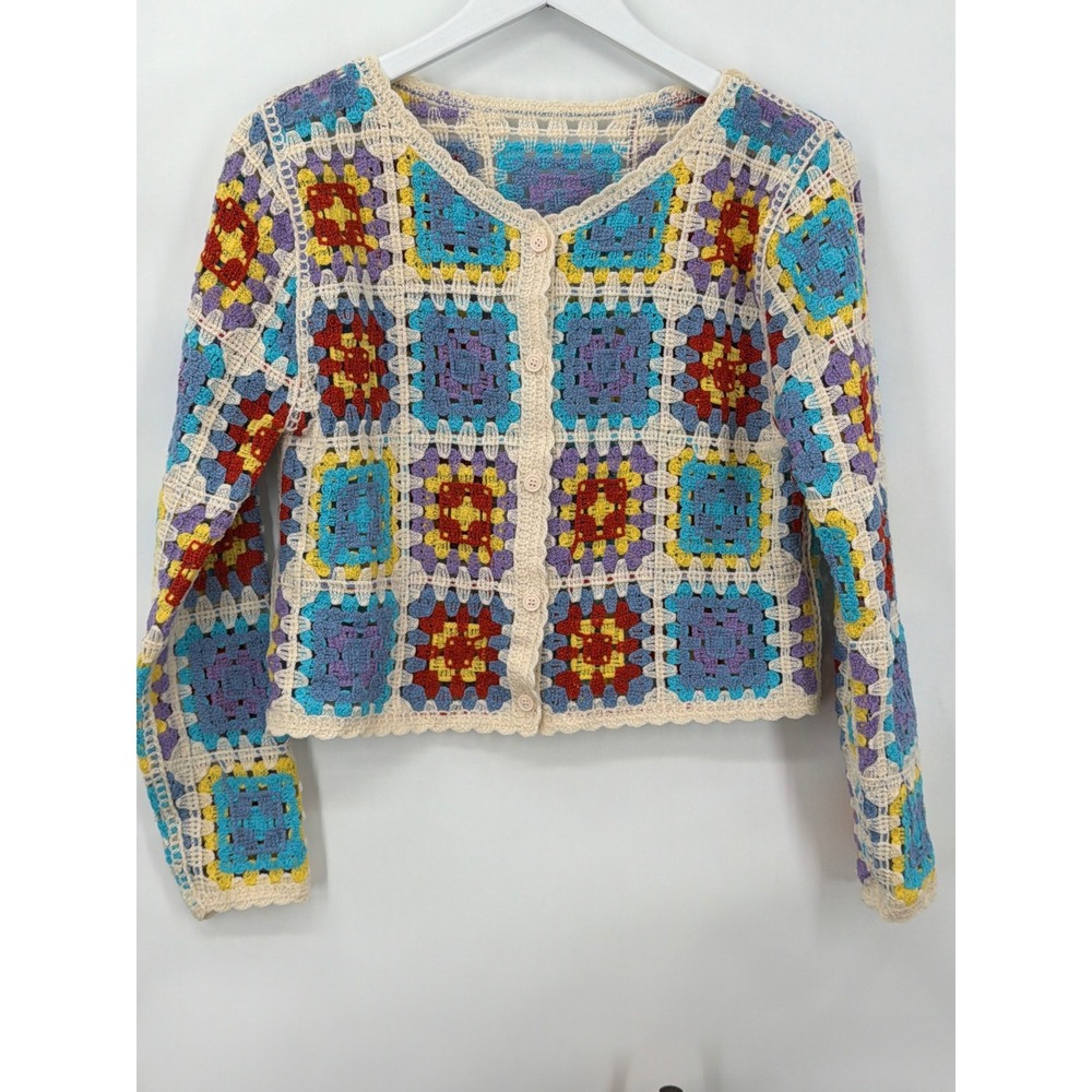 Vintage Style Crochet Granny Square Cardigan Multi Color Boho Button Front Knit